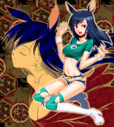 Rule 34 | 00s, 1girl, animal ears, belt, black hair, blue hair, boots, bracelet, breasts, closed eyes, crop top, cutoffs, denim, denim shorts, earrings, female focus, green shirt, high heel boots, high heels, jewelry, knee boots, long hair, looking at viewer, midriff, mori kotarou, navel, open mouth, shinohara natsuki, shirt, short sleeves, shorts, skinny, slender, smile, solo, summer wars, tail, taut clothes, taut shirt, thighhighs, toned, torn clothes, white footwear, wristband