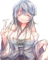 Rule 34 | 1girl, bad id, bad twitter id, bare shoulders, blue eyes, blue hair, boots, cosplay, detached sleeves, double bun, closed eyes, japanese clothes, kantai collection, kongou (kancolle), kongou (kancolle) (cosplay), long hair, nontraditional miko, ribbon-trimmed sleeves, ribbon trim, skirt, smile, solo, sugino (patrassyar), urakaze (kancolle), v