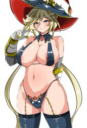 Rule 34 | 1girl, absurdres, aged up, areola slip, bikini, blonde hair, blue bikini, breasts, carol malus dienheim, hat, highres, large breasts, lolomion, long hair, looking at viewer, navel, senki zesshou symphogear, senki zesshou symphogear xd unlimited, shiny skin, simple background, skindentation, solo, standing, swimsuit, thighhighs, white background