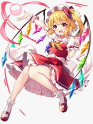 Rule 34 | 1girl, :d, apple, ascot, blonde hair, commentary, crystal, flandre scarlet, food, fruit, full body, hat, hat ribbon, looking at viewer, medium hair, mob cap, one side up, open mouth, rainbow order, red eyes, red footwear, red ribbon, red skirt, red vest, ribbon, ruhika, shirt, simple background, skirt, smile, socks, solo, touhou, vest, white background, white hat, white shirt, white socks, wings, yellow ascot
