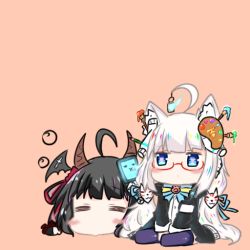 Rule 34 | 2girls, = =, ahoge, animal ears, bailingxiao jiu, bat wings, black hair, black jacket, black wings, blue ribbon, blush, blush stickers, brown background, chibi, closed eyes, closed mouth, commentary request, copyright request, fox mask, glasses, hair ornament, hair ribbon, head wings, horns, jacket, lantern, long hair, long sleeves, lying, mask, multiple girls, no shoes, on stomach, purple legwear, red-framed eyewear, ribbon, shirt, silver hair, simple background, sitting, thighhighs, very long hair, white shirt, wings