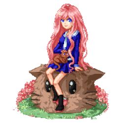 1girl animal binoftrash black_footwear blue_eyes blue_serafuku blue_shirt blue_skirt boots cat commentary english_commentary full_body grass ldshadowlady long_hair minecraft_youtube petting pink_hair pixel_art school_uniform serafuku shirt simple_background sitting skirt smile solo transparent_background very_long_hair