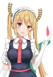 Rule 34 | 10s, 1girl, black dress, blonde hair, blush, breasts, collared shirt, dragon girl, dragon horns, dragon tail, dress, dress shirt, elbow gloves, fire, frilled sleeves, frills, gloves, hand up, highres, horns, index finger raised, kobayashi-san chi no maidragon, large breasts, large tail, long hair, looking at viewer, maid, maid headdress, necktie, open mouth, puffy short sleeves, puffy sleeves, red necktie, sash, shirt, short sleeves, sidelocks, simple background, sleeveless, sleeveless dress, smile, solo, tail, tohru (maidragon), twintails, upper body, white background, white gloves, white shirt, yellow eyes, yukinoshita (shaonjishi)