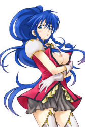 Rule 34 | 1girl, blouse, blue eyes, blue hair, boots, braid, breasts, breasts out, breasts squeezed together, fire emblem, fire emblem: the sacred stones, gloves, large breasts, long hair, matching hair/eyes, michael f91, nintendo, nipples, open clothes, open shirt, pegasus knight uniform (fire emblem), ponytail, shirt, side braid, solo, tana (fire emblem), thigh boots, thighhighs, twin braids, very long hair, zettai ryouiki