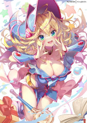 Rule 34 | 1girl, bare shoulders, blonde hair, blue eyes, blue headwear, blush, blush stickers, book, box, breasts, cleavage, commentary, dark magician girl, duel monster, flask, gift, gift box, hong (white spider), jewelry, large breasts, long hair, looking at viewer, neck ring, open mouth, pentacle, round-bottom flask, smile, solo, thighs, wand, yu-gi-oh!, yu-gi-oh! duel monsters