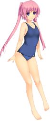 Rule 34 | 1girl, bare shoulders, barefoot, breasts, full body, highres, iizuki tasuku, long hair, looking at viewer, lovely x cation 2, nirasaki hinata, official art, one-piece swimsuit, pink hair, purple eyes, school swimsuit, small breasts, smile, solo, swimsuit, transparent background, twintails