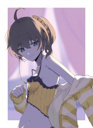 Rule 34 | 1girl, absurdres, ahoge, blue eyes, blurry, blurry background, blush, brown hair, camisole, crop top, curtains, frilled camisole, frills, furrowed brow, hair between eyes, highres, hololive, jacket, kumoi sora, light smile, long sleeves, looking at viewer, medium hair, midriff, natsuiro matsuri, natsuiro matsuri (matsuri&#039;s day off), scrunchie, side ponytail, solo, striped clothes, striped jacket, undressing, upper body, virtual youtuber, white jacket, yellow camisole, yellow jacket, yellow scrunchie