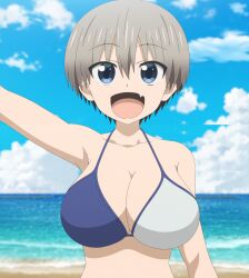 Rule 34 | 1girl, beach, bikini, blue eyes, breasts, cleavage, grey hair, highres, large breasts, looking at viewer, open mouth, screencap, short hair, smile, solo, stitched, swimsuit, third-party edit, upper body, uzaki-chan wa asobitai!, uzaki hana