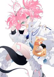 Rule 34 | 1girl, ahoge, bandaid, bandaid on knee, bandaid on leg, blue archive, breasts, chips (food), coat, dress, food, food in mouth, green eyes, hair between eyes, halo, high collar, highres, horns, late 02, long sleeves, loose socks, momoka (blue archive), mouth hold, open clothes, open coat, pink hair, pointy ears, potato chips, short dress, short hair, sidelocks, small breasts, socks, solo, tail, twintails, white background, white coat, white dress, white socks