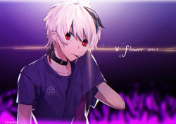 Rule 34 | 1girl, androgynous, birthday, collar, collarbone, commentary, dated, floral print, flower (vocaloid), holding clothes, holding shirt, looking to the side, microphone, multicolored hair, purple background, purple shirt, red eyes, serori ss, shirt, solo, spotlight, streaked hair, sweat, upper body, flower (vocaloid4), vocaloid, white hair, wiping face