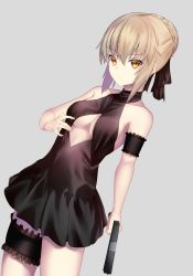 Rule 34 | 1girl, absurdres, artoria pendragon (alter swimsuit rider) (fate), artoria pendragon (alter swimsuit rider) (first ascension) (fate), artoria pendragon (fate), bare shoulders, black bow, black dress, blonde hair, bow, breasts, character cutout, commentary request, dress, fate/grand order, fate (series), grey background, gun, hair between eyes, hair bow, highres, holding, holding gun, holding weapon, jun (aousa0328), looking at viewer, maid headdress, medium breasts, short hair, simple background, solo, swimsuit, weapon, yellow eyes