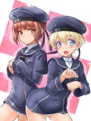 Rule 34 | 10s, 2girls, blonde hair, blue eyes, blush, brown eyes, brown hair, clothes writing, dress, hat, highres, kantai collection, looking at viewer, multiple girls, okitakung, open mouth, panties, paw pose, sailor collar, sailor dress, sailor hat, short hair, smile, sparkle, swastika, underwear, when you see it, white panties, z1 leberecht maass (kancolle), z3 max schultz (kancolle)
