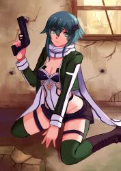 Rule 34 | 10s, 1girl, aqua eyes, aqua hair, breasts, cleavage, green jacket, green thighhighs, groin, gun, hair ornament, highres, holding, holding gun, holding weapon, indoors, jacket, kneeling, long hair, medium breasts, open clothes, open jacket, ryuuno6, scarf, short hair with long locks, sidelocks, sinon, solo, sword art online, thighhighs, weapon, white scarf