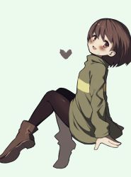 Rule 34 | 1other, androgynous, bad id, bad pixiv id, brown hair, chara (undertale), closed mouth, commentary request, legs, looking at viewer, no pants, oshiruko (tsume), pantyhose, red eyes, shirt, short hair, smile, solo, striped clothes, striped shirt, striped sweater, sweater, undertale