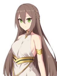 Rule 34 | 1girl, adele (fate), armlet, bare shoulders, breasts, brown hair, closed mouth, dress, elfenlied22, fate (series), green eyes, hair between eyes, highres, long hair, looking at viewer, medium breasts, simple background, smile, solo, white background, white dress