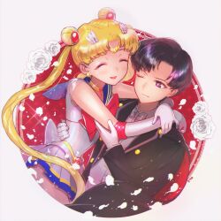Rule 34 | 1boy, 1girl, back bow, bishoujo senshi sailor moon, black eyes, black hair, blonde hair, blue eyes, blue sailor collar, blue skirt, bow, bowtie, chiba mamoru, choker, circlet, crescent, crescent earrings, double bun, earrings, elbow gloves, flower, gloves, gold earrings, hair bun, hand on another&#039;s back, heart, heart choker, highres, hug, jewelry, long hair, miniskirt, multicolored clothes, multicolored skirt, no mask, parted bangs, pleated skirt, red bow, red bowtie, rose, sailor collar, sailor moon, shirt, short hair, short sleeves, skirt, super sailor moon, tuxedo, tuxedo kamen, very long hair, white bow, white bowtie, white flower, white gloves, white rose, white shirt, yellow choker, yyemoyy