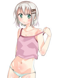 Rule 34 | 1girl, arm behind back, bad id, bad pixiv id, camisole, commentary, cowboy shot, green eyes, hair ornament, hairclip, hei (tonarinohey), light brown hair, light frown, looking at viewer, navel, panties, parted lips, pink shirt, shirt, short hair, simple background, solo, standing, strap slip, underwear, underwear only, white background, white panties, yama no susume, yukimura aoi