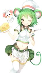 Rule 34 | 10s, 1girl, animal, animal ears, apron, bad id, bad pixiv id, belt buckle, blush, breasts, buckle, cheese, chef hat, collarbone, cowboy shot, crop top, food, green hair, hat, highres, holding, holding knife, kitchen knife, knife, last period, midriff, mouse (animal), mouse ears, mouse tail, navel, niito, one eye closed, ratte (last period), short hair, short sleeves, simple background, skirt, small breasts, smile, solo, tail, thighhighs, tongue, tongue out, tray, white background, white thighhighs, yellow eyes, zettai ryouiki