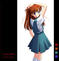 Rule 34 | 1girl, arm up, blue eyes, blush, brown hair, character name, color guide, copyright name, expressionless, from side, hair ornament, hand on own head, kneehighs, looking at viewer, looking back, neon genesis evangelion, orino yushi, parted bangs, pleated skirt, red hair, school uniform, serafuku, shirt, short sleeves, simple background, skirt, socks, solo, souryuu asuka langley, suspender skirt, suspenders, two side up, white background, white socks