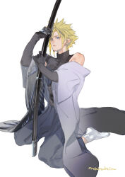 Rule 34 | 1boy, alternate costume, ankle socks, armored gloves, arms up, black gloves, black wings, blonde hair, blue eyes, cloud strife, commentary request, detached sleeves, expressionless, feathered wings, final fantasy, final fantasy vii, full body, gloves, grey hakama, hakama, haori, high collar, highres, implied yaoi, japanese clothes, kneeling, looking to the side, male focus, masamune (ff7), nikuram f, obi, parted lips, sash, scabbard, sheath, short hair, signature, simple background, single wing, sleeveless, socks, solo, spiked hair, white background, white socks, wing print, wings