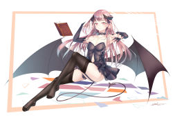 Rule 34 | 1girl, absurdres, bad id, bad pixiv id, black neckwear, black thighhighs, blush, breasts, brown eyes, brown hair, choker, collarbone, cosplay, dated, demon girl, demon horns, demon tail, demon wings, elbow gloves, fingerless gloves, garter straps, gloves, hanazono yurine, highres, horns, jashin-chan dropkick, long hair, looking at viewer, navel, open mouth, simple background, small breasts, solo, tail, thighhighs, wings