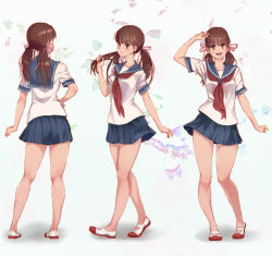Rule 34 | 1girl, breasts, brown eyes, brown hair, cfr, character sheet, hand on own head, hand on own hip, highres, long hair, miniskirt, multiple views, open mouth, original, pigeon-toed, pleated skirt, school uniform, serafuku, shoes, skirt, smile, twintails, uwabaki
