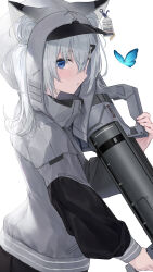 Rule 34 | 1girl, absurdres, animal ear headwear, animal ears, black jacket, black shorts, blue butterfly, blue eyes, bug, butterfly, cat ears, cowboy shot, double bun, fake animal ears, from side, goddess of victory: nikke, grey hair, grey jacket, gun, hair between eyes, hair bun, hair ornament, hairclip, highres, holding, holding gun, holding rocket launcher, holding weapon, hood, hood up, hooded jacket, insect, jacket, label, light blush, looking at viewer, medium hair, multicolored clothes, multicolored jacket, n102 (nikke), parted lips, puffy sleeves, rocket launcher, shorts, sidelocks, solo, takuo, two-tone jacket, visor cap, weapon, white background