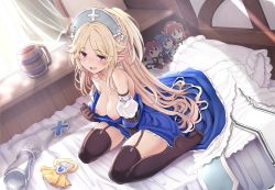 Rule 34 | 1girl, absurdres, akino (princess connect!), bare shoulders, bed, black thighhighs, blonde hair, blue dress, blush, breasts, breasts out, character doll, clothes pull, commentary request, dress, dress pull, elf, garter straps, gloves, harvin, hat, highres, long hair, looking at viewer, medium breasts, mifuyu (princess connect!), nipples, on bed, open mouth, pointy ears, princess connect!, purple eyes, sitting, smile, solo, tamaki (princess connect!), tatsuhiko, thighhighs, wariza, yukari (princess connect!)