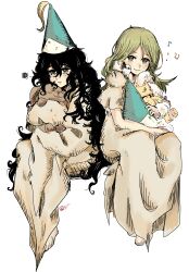 Rule 34 | 2girls, absurdres, agate (tongari boushi no atelier), alternate hair length, alternate hairstyle, black hair, blue headwear, brushbug, closed mouth, coco (tongari boushi no atelier), commentary, curly hair, english commentary, full body, green eyes, green hair, hat, unworn headwear, highres, holding, holding stuffed toy, kojika (kojikaaaaaa), long hair, looking at viewer, messy hair, multiple girls, musical note, pointy hat, qifrey&#039;s atelier apprentice uniform, robe, sitting, sleeves past fingers, sleeves past wrists, smile, stuffed animal, stuffed cat, stuffed toy, tassel hat ornament, tongari boushi no atelier, very long hair, white background, wizard hat, yellow eyes