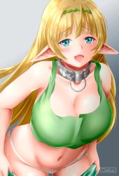 Rule 34 | 10s, 1girl, aqua eyes, artist name, bare shoulders, blonde hair, blush, breasts, cameltoe, cleavage, cleft of venus, clothes pull, collar, crop top, elf, gradient background, highres, huge breasts, isekai maou to shoukan shoujo no dorei majutsu, leaning forward, long hair, looking at viewer, metal collar, navel, no bra, oniilus, open mouth, panties, pointy ears, shera l. greenwood, simple background, smile, solo, standing, underwear, undressing, white panties