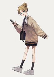 Rule 34 | 1girl, absurdres, bag, black ribbon, black skirt, black socks, blue eyes, brown hair, brown sweater, cellphone, collared shirt, commentary, fang, grey background, hair bun, highres, holding, holding phone, long sleeves, looking at viewer, neck ribbon, open mouth, original, phone, pleated skirt, ribbon, school bag, shirt, shoes, shoulder bag, side bun, simple background, single side bun, skin fang, skirt, sleeves past wrists, smartphone, smile, sneakers, socks, solo, sweater, white footwear, white shirt, yoon cook