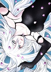 Rule 34 | a2 (nier:automata), abeinoddword, armpit crease, black bodysuit, black gloves, blue background, blue eyes, bodysuit, breasts, commentary request, elbow gloves, eyelashes, from above, gloves, hair between eyes, highres, long hair, looking at viewer, lying, medium breasts, mole, mole under mouth, nier:automata, nier (series), petals, simple background, white hair