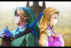 Rule 34 | back-to-back, blonde hair, blue eyes, brown gloves, circlet, delsaber, dress, earrings, elbow gloves, fingerless gloves, gloves, gold trim, green headwear, green tunic, instrument, jewelry, letterboxed, link, long hair, looking down, looking up, master sword, nintendo, ocarina, pink dress, pointy ears, princess zelda, temple, the legend of zelda, the legend of zelda: ocarina of time, triforce, white gloves