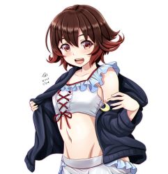 Rule 34 | 1girl, artist name, bikini, black cardigan, blush, brown eyes, brown hair, cardigan, collarbone, crescent, crescent pin, dated, groin, hair between eyes, kantai collection, long sleeves, mutsuki (kancolle), mutsuki kai ni (kancolle), navel, open cardigan, open clothes, open mouth, short hair, signature, smile, solo, swimsuit, teeth, tk8d32, upper teeth only, white bikini