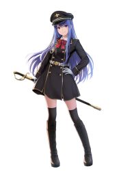 Rule 34 | 1girl, black dress, black footwear, black thighhighs, blue hair, boots, bow, bowtie, collared shirt, dress, full body, gloves, hand on own hip, hat, holding, holding sword, holding weapon, kuro (chrono), long sleeves, looking at viewer, military, military hat, military uniform, original, purple eyes, red bow, red bowtie, sheath, sheathed, shirt, simple background, smile, solo, standing, sword, thighhighs, thighs, uniform, weapon, white background, white gloves, white shirt