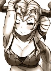 Rule 34 | 1girl, aliza (granblue fantasy), arm wrap, arms behind head, arms up, blush, braid, breasts, cleavage, collarbone, commentary request, draph, granblue fantasy, gupunetsu, highres, horns, large breasts, leaning forward, long hair, looking at viewer, monochrome, one eye closed, single braid, smile, solo, upper body, very long hair, wrist wrap