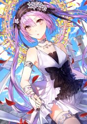 Rule 34 | 1girl, bad id, bad pixiv id, bare shoulders, black bow, blue sky, bow, choker, cloud, collarbone, commentary request, day, dress, euryale (fate), euryale (third ascension) (fate), fate/hollow ataraxia, fate (series), flower, frilled hairband, frills, hair between eyes, hairband, jewelry, kim eb, long hair, looking at viewer, outdoors, parted lips, pillar, pink eyes, purple hair, ring, rose, sidelocks, sky, sleeveless, sleeveless dress, solo, twintails, very long hair, white dress