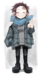 Rule 34 | 1boy, ^ ^, alternate costume, ankle boots, backpack, bad id, bad pixiv id, bag, black footwear, black pants, blue scarf, boots, brown hair, closed eyes, clothes writing, coat, contemporary, cross-laced footwear, dododov2, drawstring, earrings, closed eyes, facing viewer, full body, grey background, grinding, hair slicked back, hand in pocket, jacket, jewelry, kamado tanjirou, kimetsu no yaiba, long sleeves, male focus, open clothes, open jacket, pants, pants tucked in, plaid, plaid jacket, pocket, scar, scar on face, scar on forehead, scarf, solo, standing, unbuttoned, v, winter clothes
