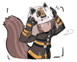 Rule 34 | 1girl, :&gt;, arknights, black gloves, black jacket, blush, brown eyes, brown hair, fire helmet, firefighter jacket, gloves, highres, jacket, looking at viewer, shaw (arknights), simple background, smile, solo, squirrel girl, squirrel tail, sweatdrop, tail, tetuw, upper body, viewfinder, white background