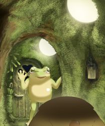 Rule 34 | 2others, commentary request, door, doorway, frog, goodbye, hachiya shohei, highres, indoors, light, mole, moss, multiple others, open mouth, original, personification, umbrella, walking away, waving arms