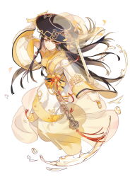 Rule 34 | 1girl, arm up, bare shoulders, black hair, black hat, brown eyes, character request, china dress, chinese clothes, closed mouth, dress, food fantasy, fre (haochilanzuo), full body, gloves, hair between eyes, hand on headwear, hat, holding, holding sword, holding weapon, long hair, long sleeves, official art, see-through, see-through sleeves, simple background, single glove, sleeveless, sleeveless dress, smile, solo, sword, very long hair, weapon, white background, wide sleeves, yellow dress, yellow gloves