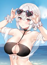 Rule 34 | 1girl, armpits, arms up, artist name, azur lane, bare shoulders, beach, bikini, black bikini, blue sky, blush, breasts, choker, cleavage, collarbone, covered erect nipples, day, eyewear on head, hair between eyes, hands up, heart, heart-shaped eyewear, highres, kaetzchen, large breasts, looking at viewer, low twintails, o-ring, o-ring top, red eyes, scrunchie, short hair, short twintails, sirius (azur lane), sirius (scorching-hot seirios) (azur lane), sky, solo, sunglasses, swimsuit, twintails, upper body, white hair, white scrunchie, wrist scrunchie