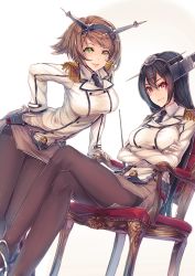 Rule 34 | 2girls, bad id, bad pixiv id, black hair, breasts, brown hair, buttons, chair, cosplay, crossed arms, crossed legs, double-breasted, dress shirt, epaulettes, gloves, green eyes, hand on own hip, headgear, kantai collection, katori (kancolle), katori (kancolle) (cosplay), kyara36, large breasts, legs, long hair, looking at viewer, military, military uniform, miniskirt, multiple girls, mutsu (kancolle), nagato (kancolle), necktie, pantyhose, red eyes, riding crop, shirt, short hair, simple background, sitting, skirt, smile, smirk, uniform, white gloves