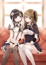 Rule 34 | 2girls, absurdres, aqua eyes, arm cutout, assault lily, black capelet, black choker, black hair, black ribbon, black skirt, black sleeves, blunt bangs, blurry, blurry background, blush, breasts, brown hair, brown thighhighs, buttons, capelet, choker, closed mouth, clothing cutout, collared shirt, commentary request, couch, day, detached sleeves, feet out of frame, fingernails, flower, flower knot, free palet, frilled sleeves, frills, hair between eyes, hair flower, hair ornament, hair ribbon, hair scrunchie, half updo, hand on another&#039;s back, hand on own thigh, hands on lap, head tilt, heterochromia, high-waist skirt, highres, indoors, jewelry, knees together feet apart, kuo shenlin, long hair, looking at viewer, low ponytail, medium breasts, miniskirt, multiple girls, neck ribbon, on couch, one side up, own hands together, pleated skirt, red eyes, ribbon, ring, school uniform, scrunchie, shirt, short sleeves, side-by-side, side ponytail, sidelocks, sitting, skirt, smile, tassel, tassel hair ornament, thighhighs, wang yujia, white flower, white scrunchie, white shirt, white thighhighs, wristband, yellow eyes, yurigaoka girls academy school uniform