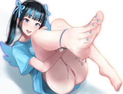 Rule 34 | 1girl, :d, anklet, anus, ass, bare shoulders, barefoot, black hair, blue eyes, blue hair, blue nails, bottomless, censored, feet, female focus, female pubic hair, foreshortening, full body, highres, jewelry, legs, looking at viewer, lying, mosaic censoring, nail polish, natsui tuna, on back, open mouth, original, pubic hair, pussy, simple background, smile, solo, teeth, toenail polish, toenails, toes, tongue, tongue out, twintails, upper teeth only, wings