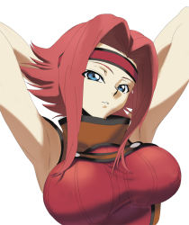 Rule 34 | 00s, 1girl, armpits, arms behind head, arms up, blue eyes, breasts, code geass, headband, kouzuki kallen, large breasts, red hair, shirt, short hair, sidelocks, simple background, sleeveless, sleeveless turtleneck, solo, taut clothes, taut shirt, turtleneck, upper body
