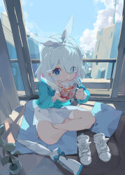 Rule 34 | 1569847238, 1girl, absurdres, arona (blue archive), blue archive, blue eyes, blue hair, bowl, braid, colored inner hair, food, fruit, hair over one eye, highres, holding, holding bowl, indoors, looking at viewer, multicolored hair, open mouth, pink hair, plant, potted plant, sailor collar, shoes, short hair, single braid, sitting, skirt, solo, strawberry, unworn shoes, white footwear, white sailor collar, white skirt