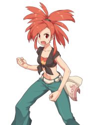 Rule 34 | 1girl, chorefuji, clenched hands, creatures (company), crop top, denim, flannery (pokemon), game freak, looking at viewer, midriff, navel, nintendo, open mouth, pants, pokemon, pokemon oras, ponytail, red eyes, red hair, shirt, simple background, solo, sweatdrop, tied shirt, white background