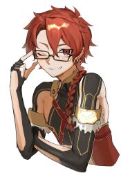 Rule 34 | 1boy, alexander (fate), bespectacled, braid, cropped torso, earrings, eyelashes, fate/grand order, fate (series), fingerless gloves, glasses, gloves, hair between eyes, highres, jewelry, long hair, looking at viewer, male focus, one eye closed, rectangular eyewear, red eyes, red hair, simple background, solo, tokoni fusu, white background