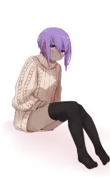 Rule 34 | 1girl, aran sweater, black thighhighs, blush, brown sweater, cable knit, closed mouth, dark-skinned female, dark skin, fate/prototype, fate/prototype: fragments of blue and silver, fate (series), full body, hair between eyes, hassan of serenity (fate), highres, i.u.y, long sleeves, looking at viewer, no shoes, puffy long sleeves, puffy sleeves, purple eyes, purple hair, ribbed sweater, sitting, sleeves past wrists, smile, solo, sweater, thighhighs, white background